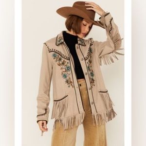 Double D Ranch Women's Floral Embroidered Studded Fringe Jacket